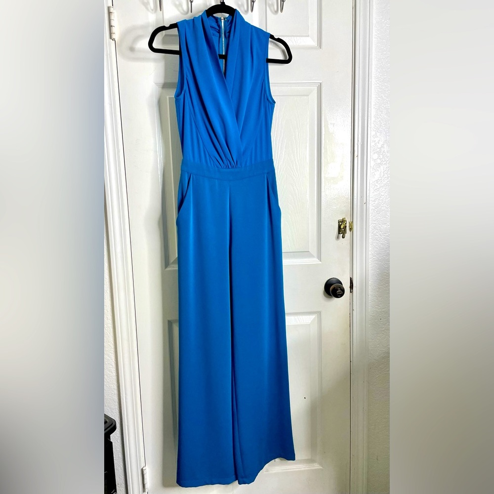 Turquoise blue wide leg jumpsuit.
